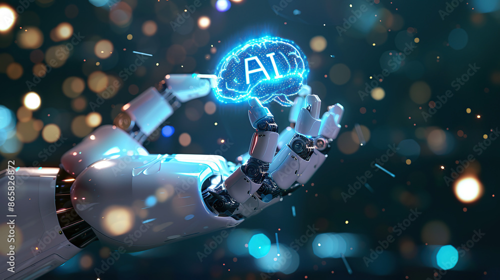 Poster A white robot hand with glowing blue holographic text 