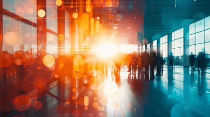 Fototapeta premium Abstract image of a busy airport terminal with colorful light effects and blurry silhouettes of people, suggesting movement and travel.
