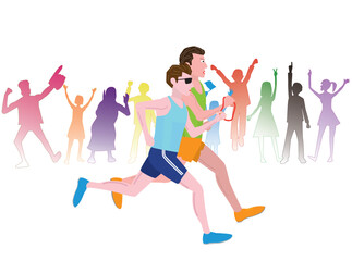 視覚障害者がマラソン大会を走っているイラスト素材です。ガイドランナーが伴走しています。