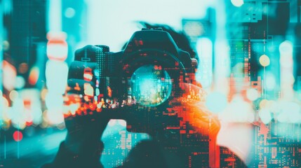 Abstract image of a photographer capturing a cityscape with vibrant colors and technological overlays, depicting creativity and innovation.