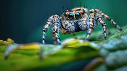 Jumping spider photographed up close on a green leaf