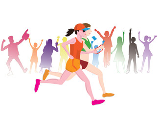 視覚障害者がマラソン大会を走っているイラスト素材です。ガイドランナーが伴走しています。