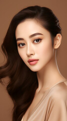 Naklejka premium Beauty face. Woman with natural makeup and healthy skin portrait. Beautiful asian girl model touching fresh glowing hydrated facial skin on beige background closeup. Skin care concept 