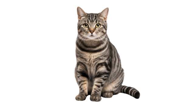 Gray tabby cat sitting isolated on transparent background