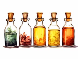 A collection of colorful glass bottles of body oil with cork stoppers, containing various herbs and liquids, displayed in a row.