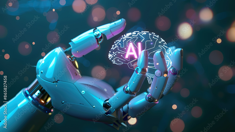 Poster a white robot hand with glowing blue holographic text 