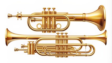 Golden trumpet icon set vector music logo template isolated on pure white background with various styles and ornate details.