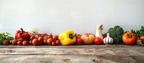 Fresh veggies on a wooden surface in a white backdrop. Template for a menu or cooking instructions.