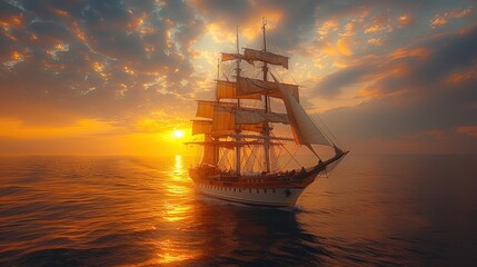 Obraz premium Backlit sails of a traditional tall ship on the atlantic, sea bot 