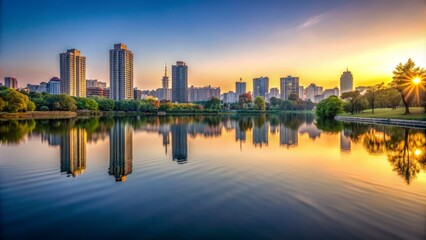 Fototapeta premium Serene urban landscape featuring empty lake waters with blurred cityscape reflection, beautiful ripples and calm atmosphere in early morning.