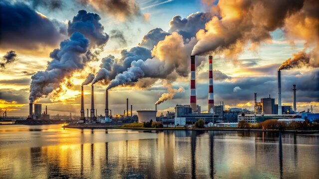 Industrial pollution contributors rise majestically from factory complex across serene bay waters on a cloudy afternoon backdrop landscape.