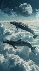 Fototapeta premium Blue whale swimming in the sky with clouds and moon