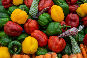 Close up Colorful fresh vegetables and fruits on the market