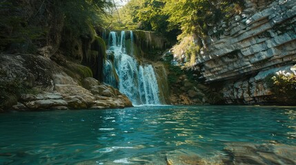Secluded Waterfall Paradise. Tranquil Turquoise Waters in Lush Forest