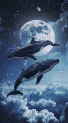 Fototapeta premium Blue whale swimming in the sky with clouds and moon