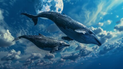 Fototapeta premium Blue whale swimming in the sky with clouds and moon