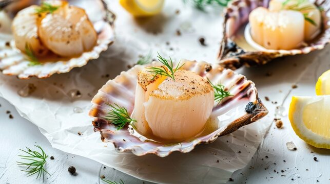 Raw scallops served in shells on a white background