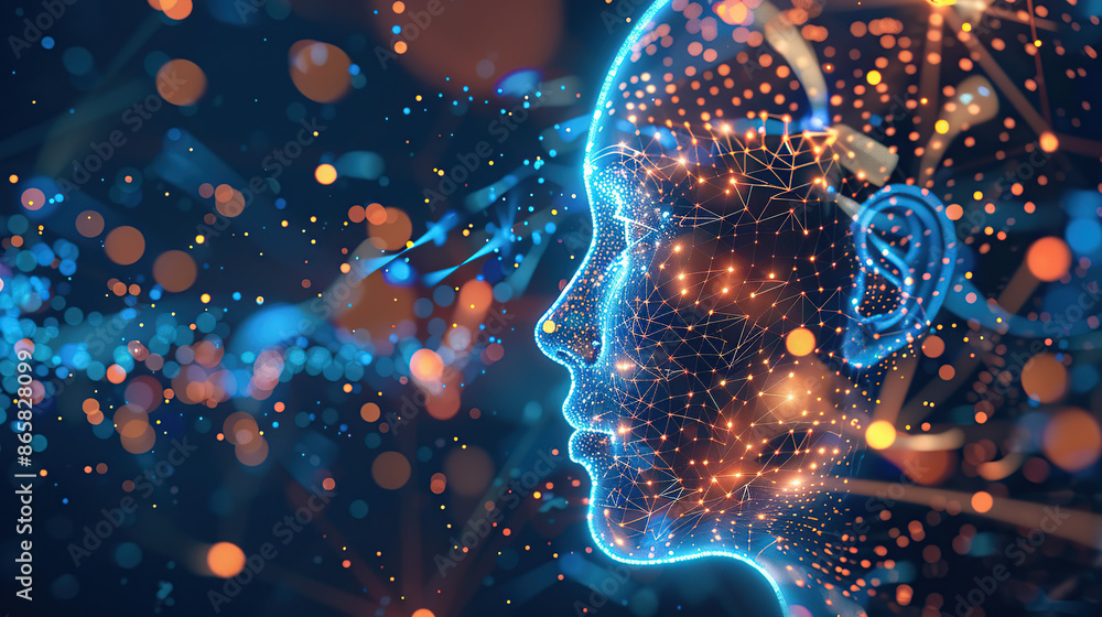 Poster digital background featuring an ai head with glowing lines and light effects