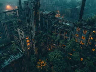 Obraz premium Aerial view of an abandoned, overgrown urban landscape at dusk, with illuminated windows and a mysterious atmosphere.