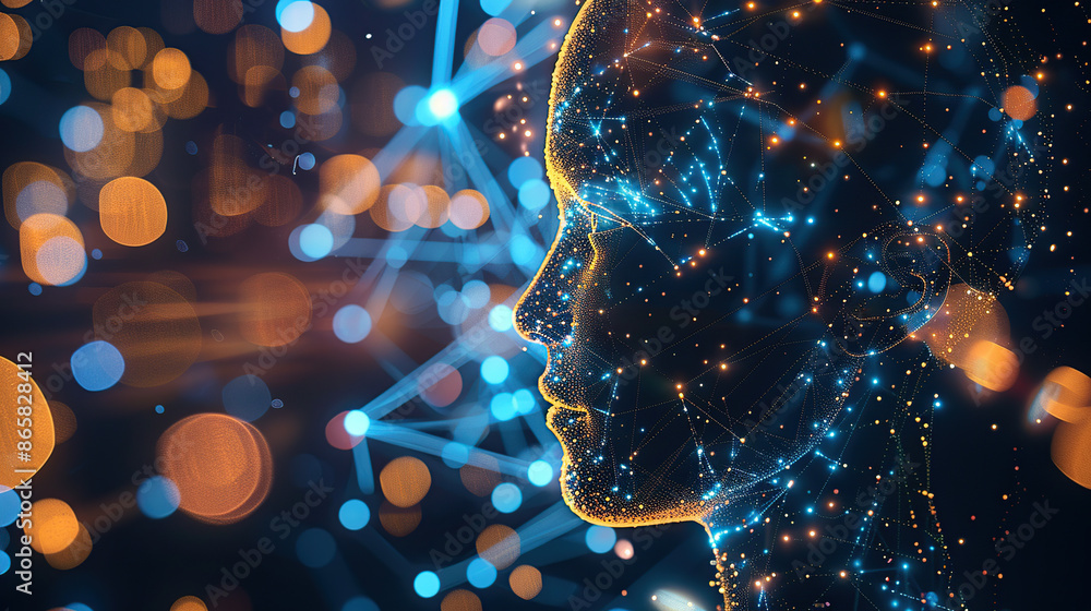 Poster digital background featuring an ai head with glowing lines and light effects