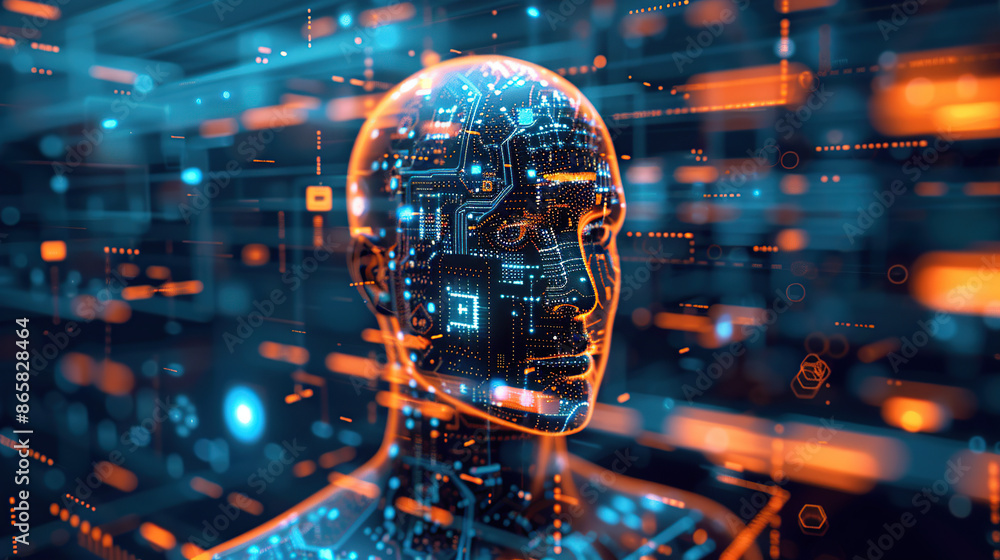 Poster digital background featuring an ai head with glowing lines and light effects