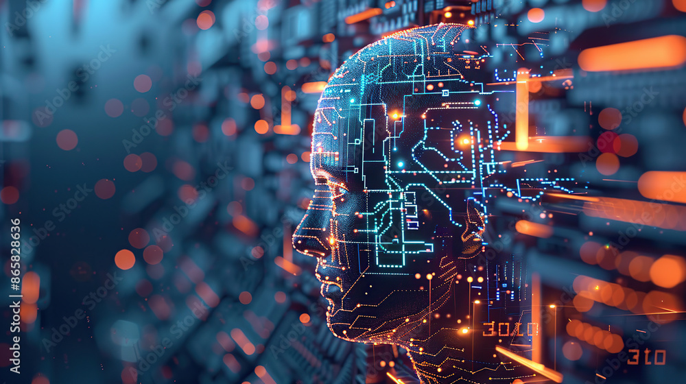 Poster digital background featuring an ai head with glowing lines and light effects