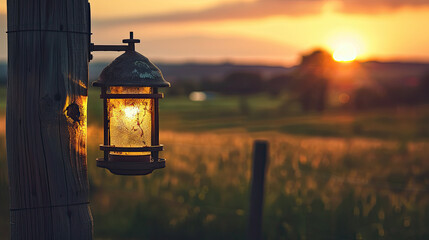 Rustic lantern of aged metal hangs on wooden post at dusk, warm glow, fading sunlight, open fields.