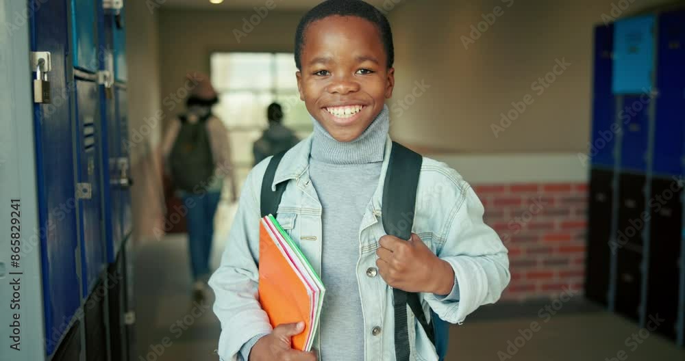 Poster smile, child and portrait of boy at locker for education, growth or development at elementary school