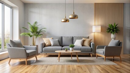 Fototapeta premium Modern minimalist living room with sleek gray sofa and matching armchair on light wooden floor, surrounded by sparse decor.