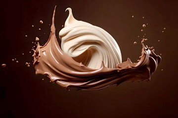 Close-up of Liquid Chocolate Syrup Crown Splash With Milk and Ripples With Pour Stream Isolated on...