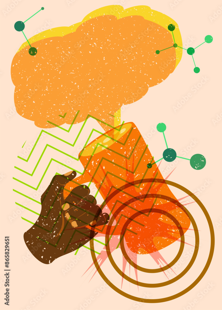 Poster risograph beer in hand with speech bubble with geometric shapes. objects in trendy riso graph print 