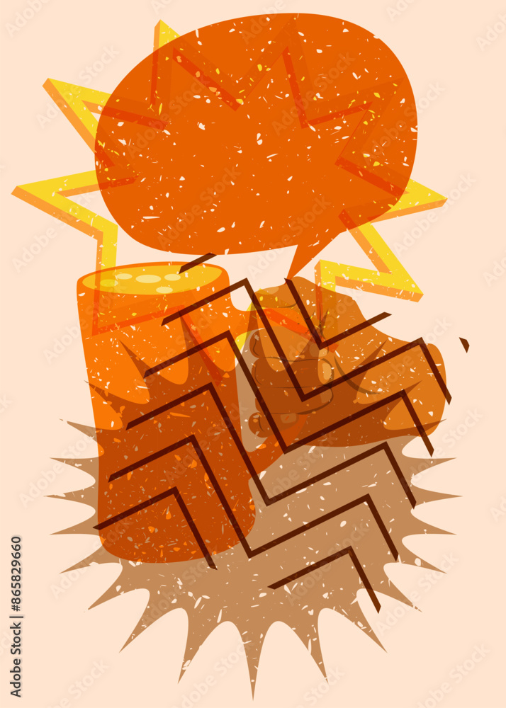 Poster risograph beer in hand with speech bubble with geometric shapes. objects in trendy riso graph print 