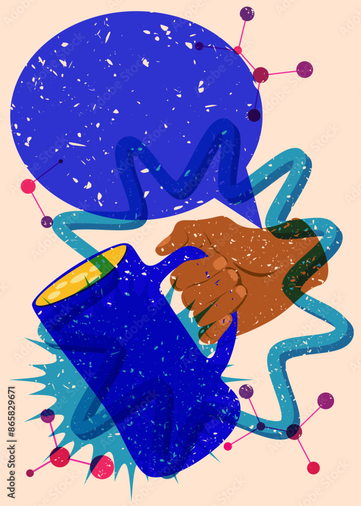 Poster risograph beer in hand with speech bubble with geometric shapes. objects in trendy riso graph print 