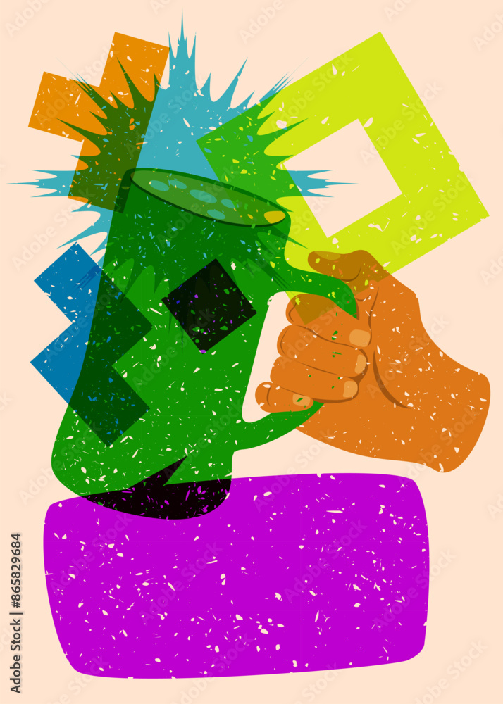 Poster risograph beer in hand with speech bubble with geometric shapes. objects in trendy riso graph print 