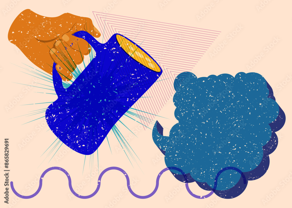 Poster risograph beer in hand with speech bubble with geometric shapes. objects in trendy riso graph print 