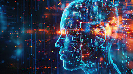 Digital background featuring an AI head with glowing lines and light effects
