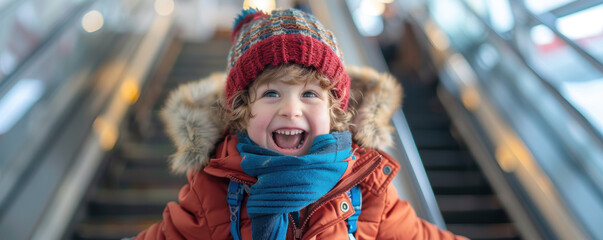 Autistic child excitedly boarding an airplane for a family vacation, autism travel, air travel adventure