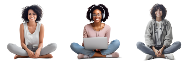 Set of Portrait of young woman happy smiling siting relax on the floor, And using laptop, Full body isolated on white background, png