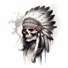 Tattoo idea of Indian skull wear feather cap