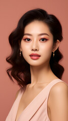 Beauty face. Woman with natural makeup and healthy skin portrait. Beautiful asian girl model touching fresh glowing hydrated facial skin on beige background closeup. Skin care concept 