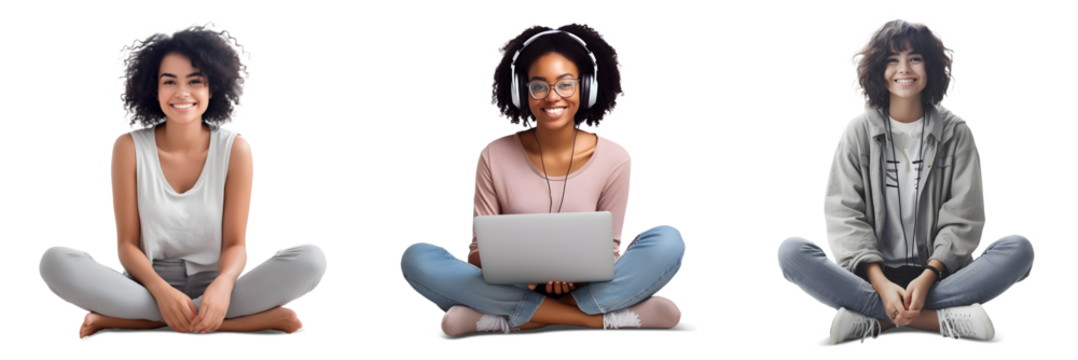 Set of Portrait of young woman happy smiling siting relax on the floor, And using laptop, Full body isolated on white background, png - Powered by Adobe