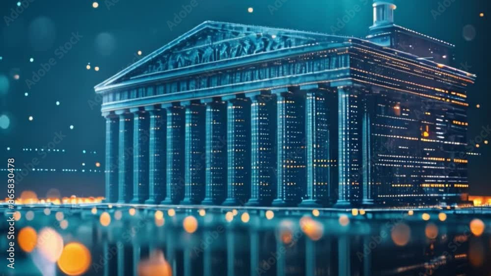 Poster This Large bank with columns in a digital image, highlighted by a hologram. Innovative banking concept