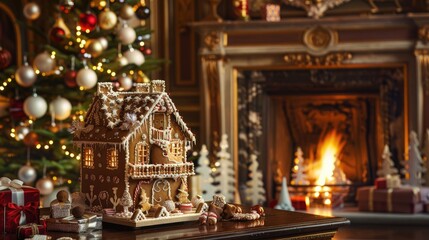 Obraz premium Child s gingerbread house with festive decorations in front of fireplace