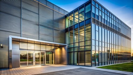 Sleek modern architecture features metal wall, glass door, and hi-tech geometric steel structure with rectangles and parallel lines.