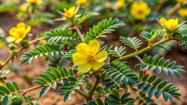 Yellow blooming Gokhru Chota, Tribulus Terrestris, Small Caltrops flower, a natural medicinal plant, growing on a vine with thorny stems outdoors.