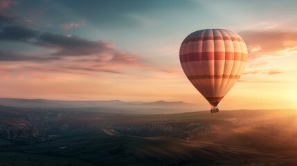 Fototapeta premium A beautiful hot air balloon soars over a scenic landscape at sunset, creating a serene and picturesque view of the horizon.