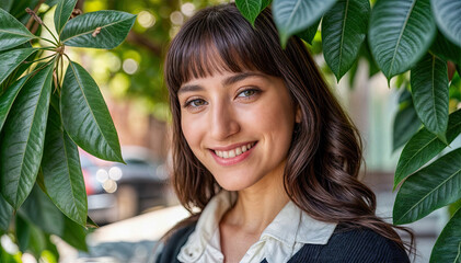 Smiling Young Woman Framed by Green Leaves