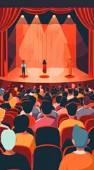 Audience watching a performance on stage under bright lights in a theater with red curtains and various actors.