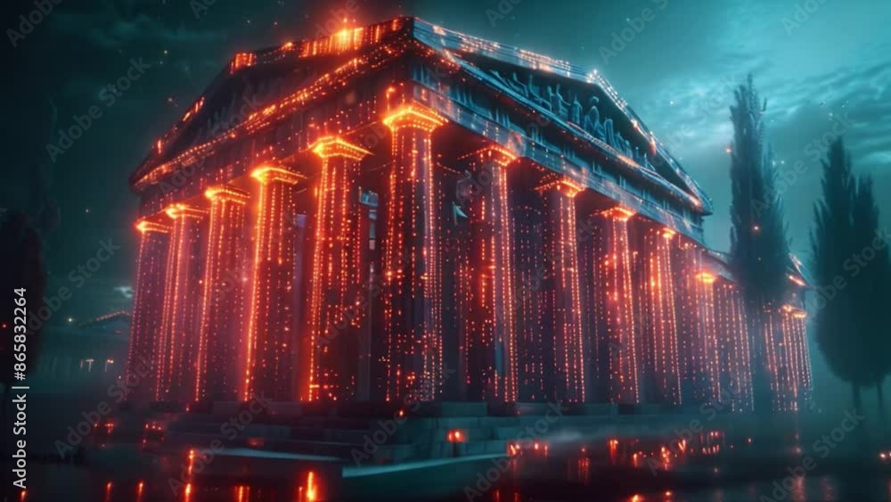 Poster this digital image of a large bank with columns, featuring a hologram overlay. modern financial conc