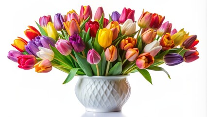 Vibrant bouquet of assorted tulips in various colors arranged artfully in a pristine white vase against a transparent background.